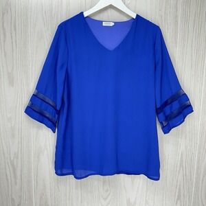 Hount Blouse Womens Large Blue 3/4 Sleeve V Neck Lined‎ Tunic Pullover